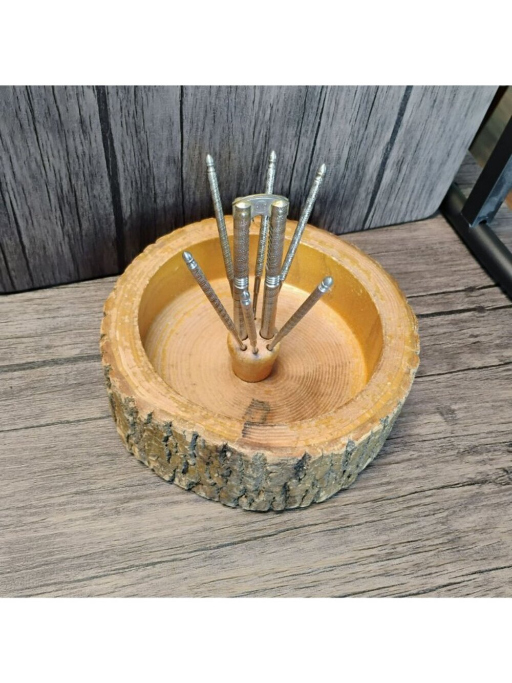 Vintage 1950s Tree Bark Nut Bowl w Silver Nutcracker & 6 Picks, Rustic Wooden - Picture 8 of 11